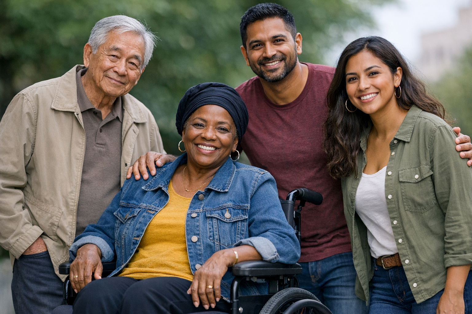 A group of people from different backgrounds posed together for a photo 